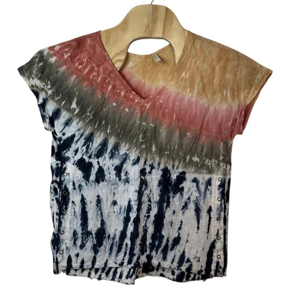 XCVI Women’s Rian V-Neck Tie Dye Linen Top Size S Side Snaps Boho Hippie Bold